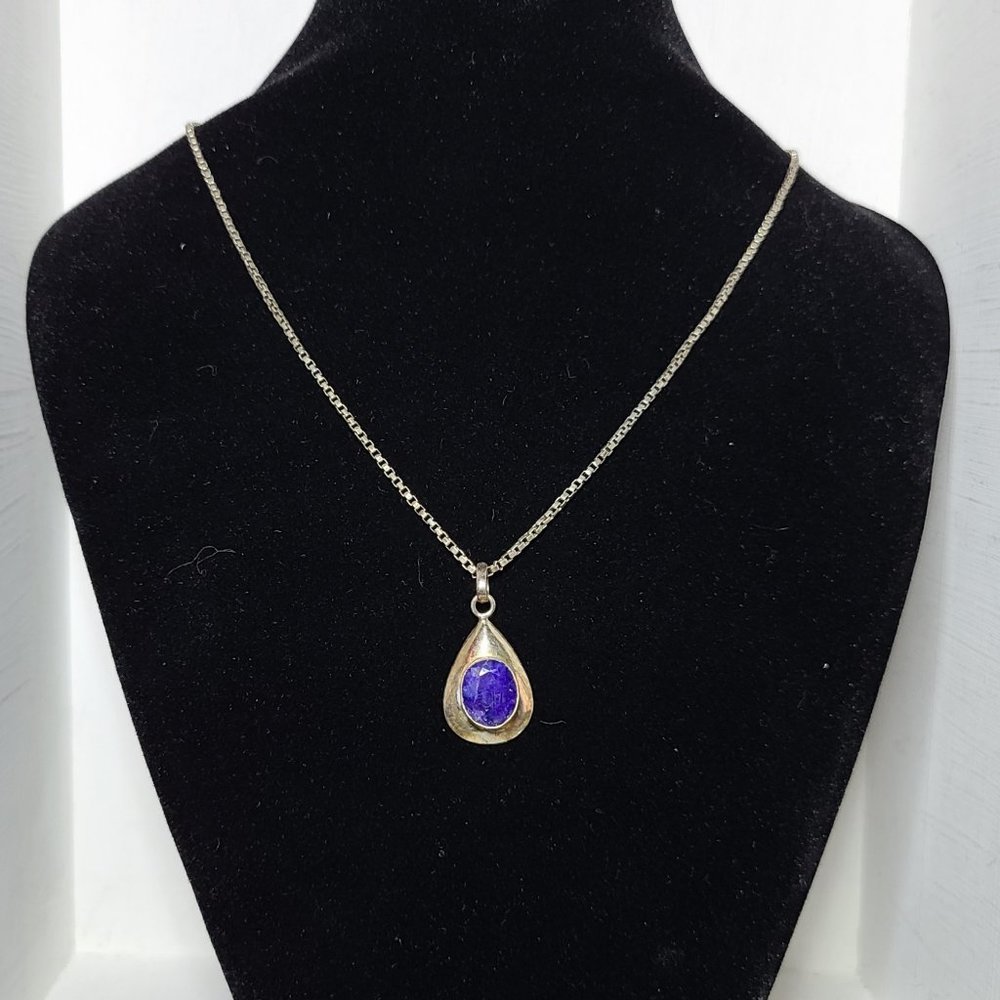 Vintage Sterling Silver Blue Sapphire Necklace Tear Drop Box Chain .925 Patina